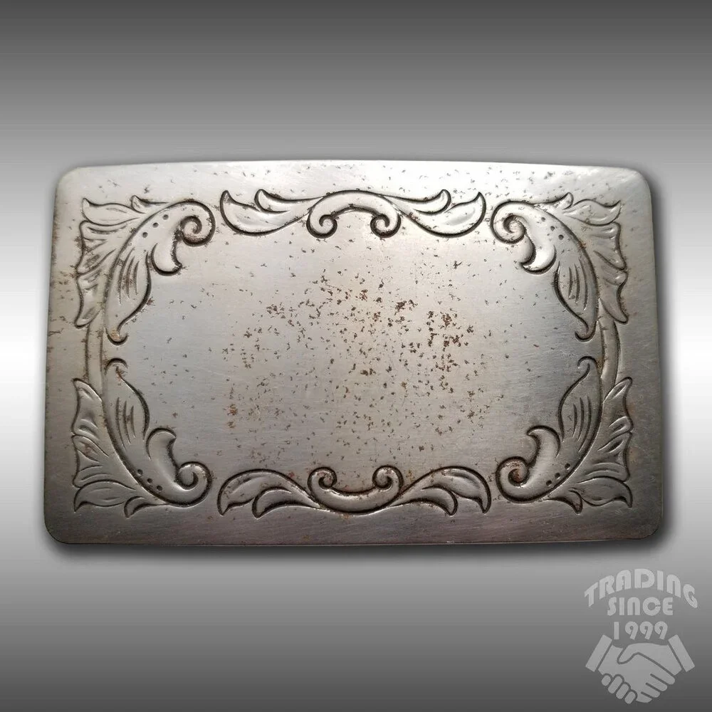 Belt Buckle Silver Color Engraved Stamped Filigree Leaves Western Square USA
